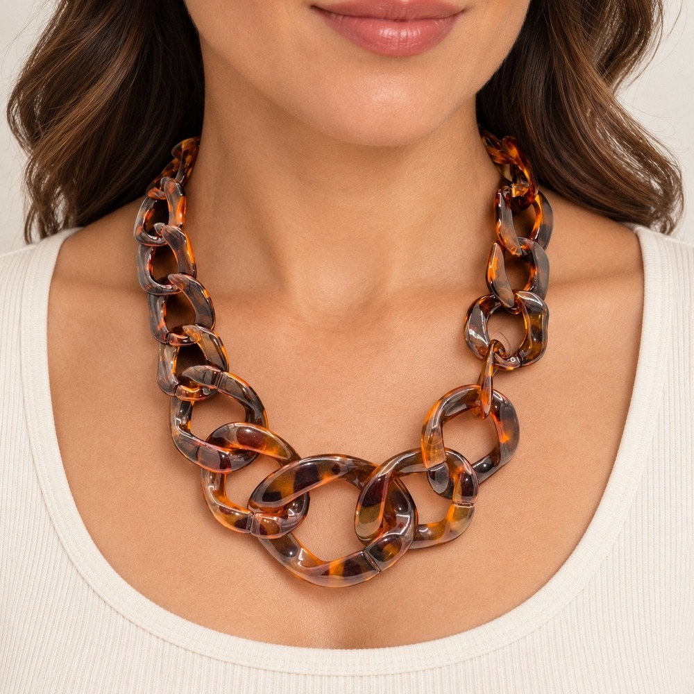 Chunky Tortoise Shell Acrylic Link Necklace Brown Retro Y2K Statement Mod 18"